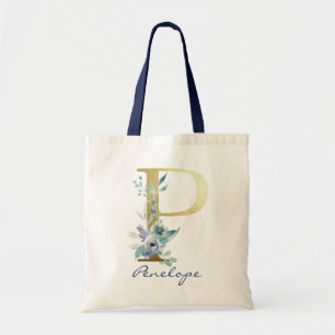 Bolsa Tote Ouro Monograma - Letra P Blue Name Decoração Flora