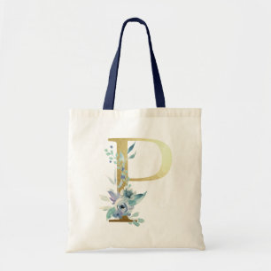 Bolsa Tote Ouro Monograma - Letra P Blue Watercolor Flowers