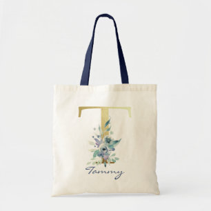 Bolsa Tote Ouro Monograma - Letra T Blue Name Decoração Flora