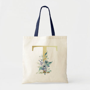 Bolsa Tote Ouro Monograma - Letra T Blue Watercolor Flowers