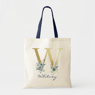 Bolsa Tote Ouro Monograma - Letra W Blue Name Decoração Flora