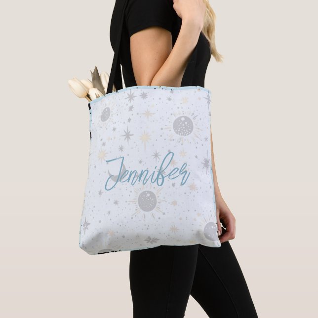 Bolsa Tote Ouro Preto Azul Celestial Nome Personalizado (Close Up)