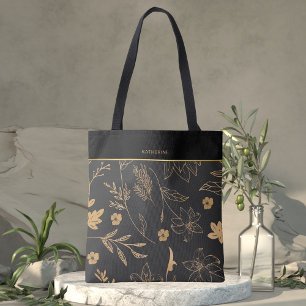 Bolsa Tote Ouro Preto Floral Elegante Moderno com Estilo