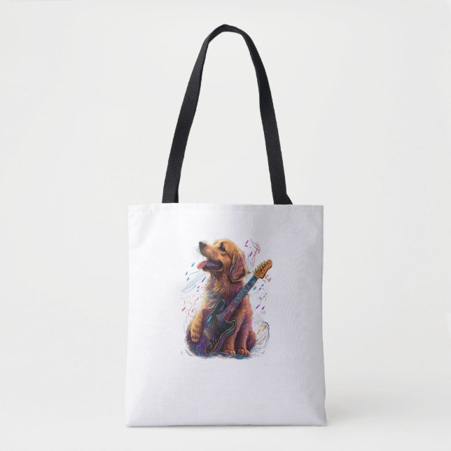 Bolsa Tote Ouro Retriever cão Tocando Violão Elétrico (Frente)