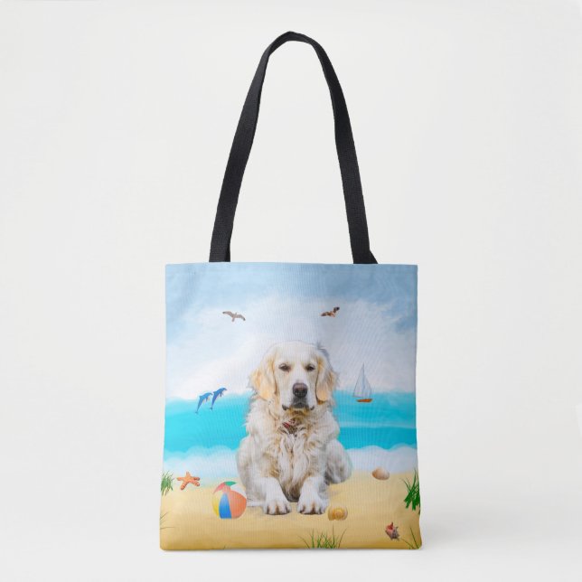 Bolsa Tote Ouro Retriever Dog na praia (Frente)