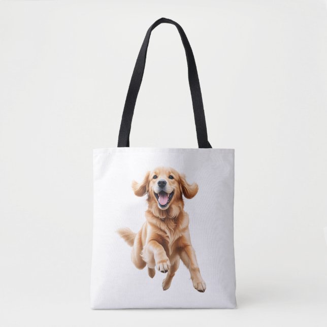 Bolsa Tote Ouro Retriever Feliz Brincadeira Pulando No Ar (Frente)