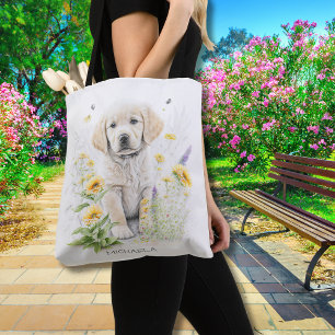 Bolsa Tote Ouro Retriever Puppy Florals Nome do Monograma
