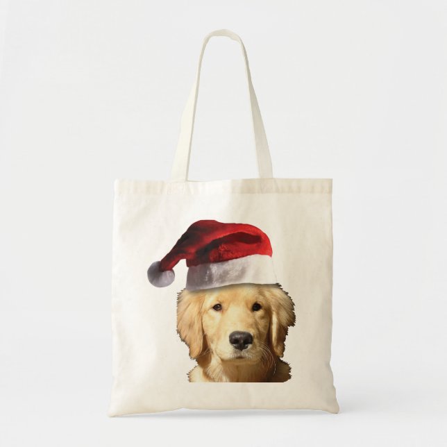 Bolsa Tote Ouro Retriever vestindo um Chapéu do Papai Noel (Frente)
