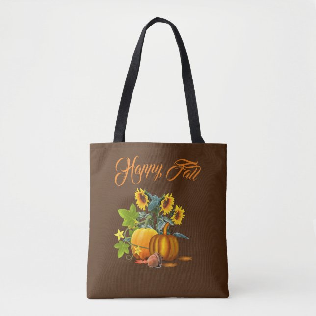 Bolsa Tote Outono Feliz Marrom com Abóbora e Girassóis (Frente)