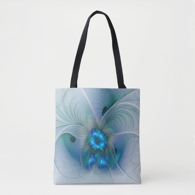 Bolsa Tote Ovações de Pé, Fractal Azul Turquesa Abstrato (Frente)