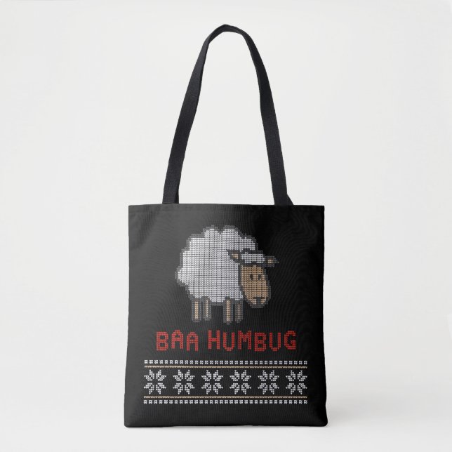 Bolsa Tote Ovelha Baa Humbug de Natal | Estilo Suéter Feio (Frente)