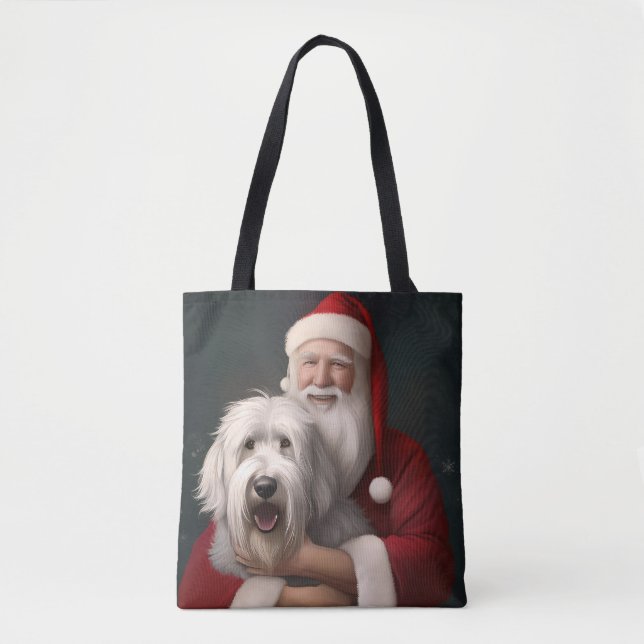 Bolsa Tote Ovelha Cachorro Inglês com Papai Noel Festivo (Frente)