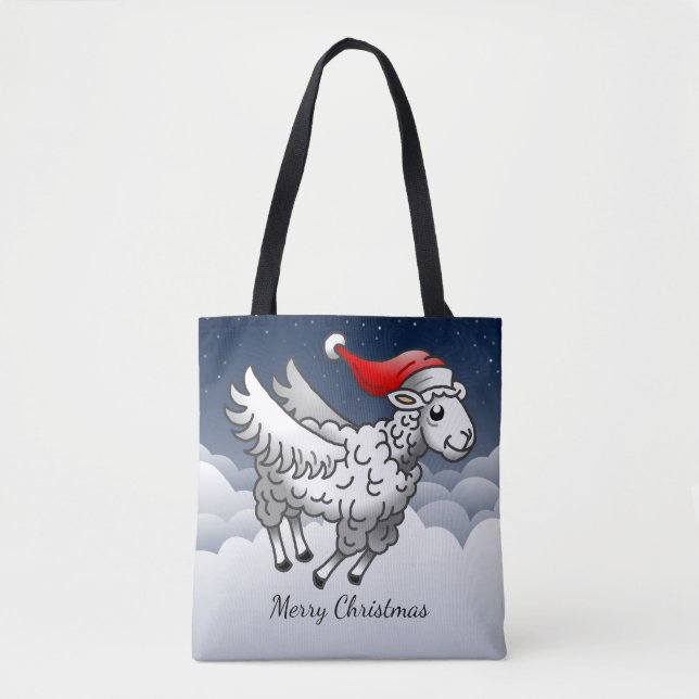 Bolsa Tote Ovelha de Natal Voadora do Papai Noel (Frente)