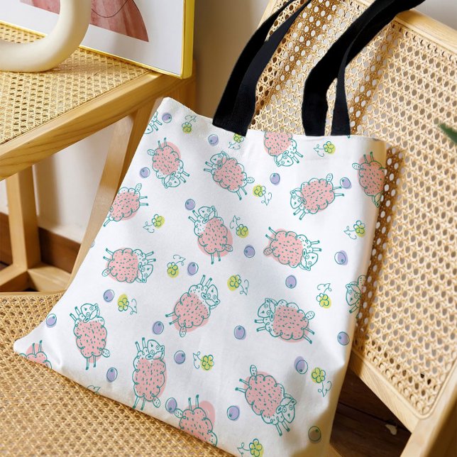 Bolsa Tote Ovelha Rosa com Flores & Frutas - Padrão Fofo (Criador carregado)