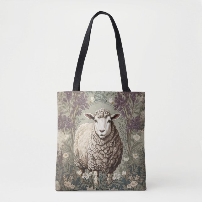 Bolsa Tote Ovelhas Elegantes Fundo de Flor de Lavanda (Frente)