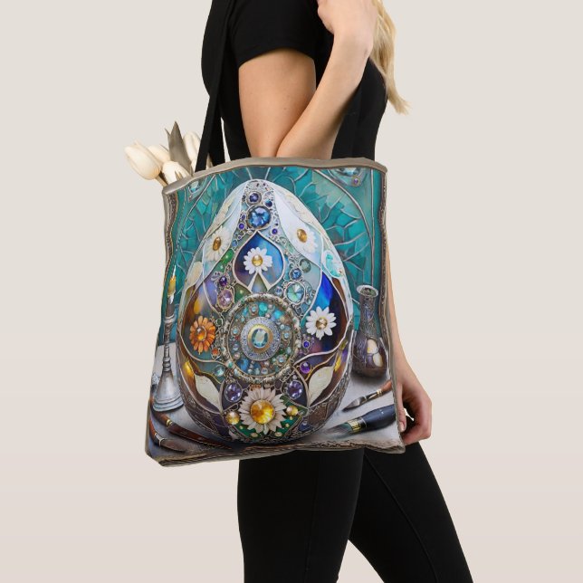 Bolsa Tote Ovo Azul Ornamentado Páscoa Steampunk (Close Up)