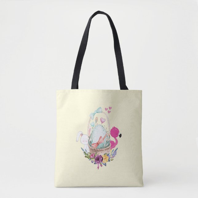 Bolsa Tote Ovo Bonito, Flamingo Rosa E Coelhinho, Aquarela (Frente)