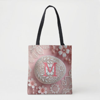 Bolsa Tote Ovo de Páscoa floral rosa e branco com renda monog