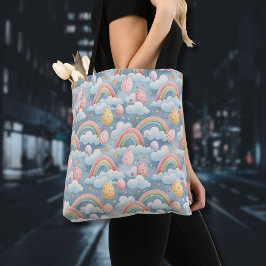 Bolsa Tote Ovos de Páscoa Arco-íris Pastel Vintage com Nuvens