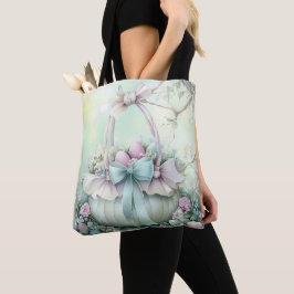 BOLSA TOTE OVOS E CESTA DE PÁSCOA ROSA E VERDE PASTEL