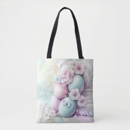 BOLSA TOTE OVOS E FLORES DE PÁSCOA ROSA E VERDE PASTEL