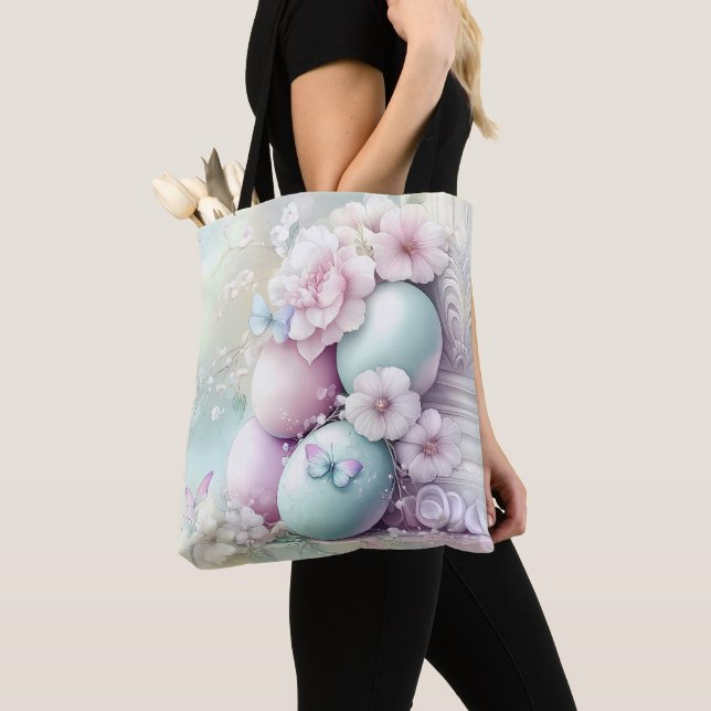 BOLSA TOTE OVOS E FLORES DE PÁSCOA ROSA E VERDE PASTEL (Close Up)