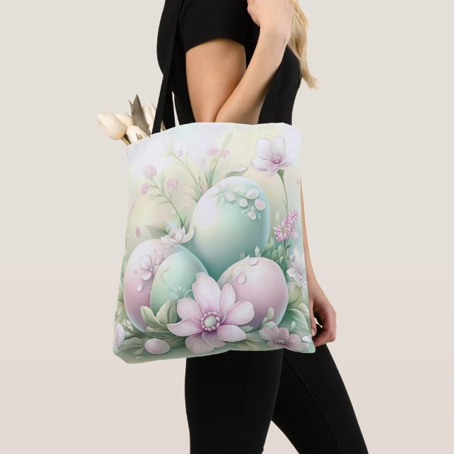 BOLSA TOTE OVOS E FLORES DE PÁSCOA ROSA E VERDE PASTEL (Close Up)
