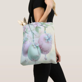 BOLSA TOTE OVOS E FLORES DE PÁSCOA ROSA E VERDE PASTEL