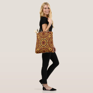 Bolsa Tote Padrão Abstrato Dourado Vermelho Boho Marroquino