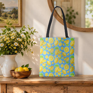 Bolsa Tote Padrão Alegre de Limão Amarelo e Azul de Citrinos