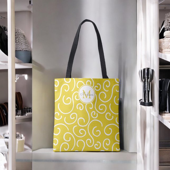 Bolsa Tote Padrão Amarelo e Branco alegre com monograma (Criador carregado)