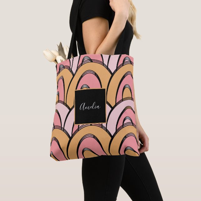 Bolsa Tote Padrão Arco-íris Groovy Laranja Rosa   (Close Up)