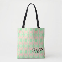Bolsa Tote Padrão Argyle Rosa e Tons de Verde