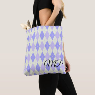 Bolsa Tote Padrão Argyle Verde Claro e Tons de Roxo