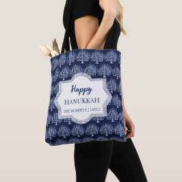 Bolsa Tote Padrão azul da menorá feliz de Hanukkah