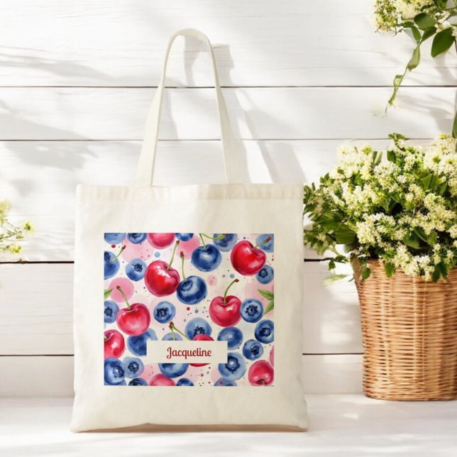 Bolsa Tote Padrão Azul de Cereja de Frutas Vermelhas (Criador carregado)
