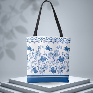 Bolsa Tote Padrão Azul Floral e Pássaros - Inspirado na Natur