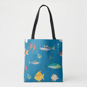 Bolsa Tote Padrão Azul Ilustrado de Peixes e Cavalos-Marinhos