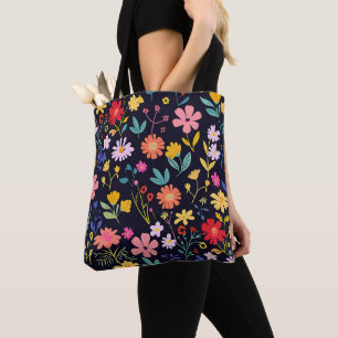Bolsa Tote Padrão Boêmio Floral Colorido Ditsy Escuro