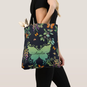 Bolsa Tote Padrão bonito de borboleta Floral Escura