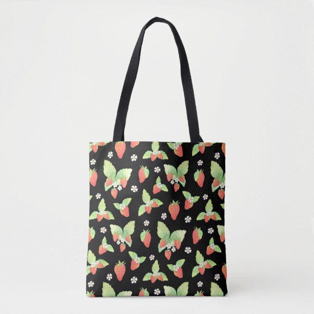 Bolsa Tote Padrão Botânico de Morango em Aquarela Fofa (Frente)