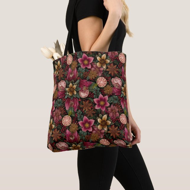 Bolsa Tote Padrão Botânico de Temperos de Natal e Floral (Close Up)