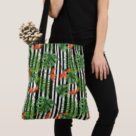 Bolsa Tote Padrão Botânico Listrado de Monstera Tropical
