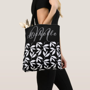 Bolsa Tote Padrão botânico preto e branco monograma