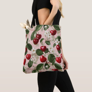 Bolsa Tote Padrão Botânico Rosa Vermelho de Cerejeira Vintage