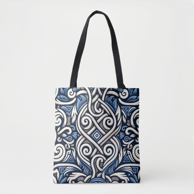 Bolsa Tote Padrão branco e azul grego moderno (Frente)