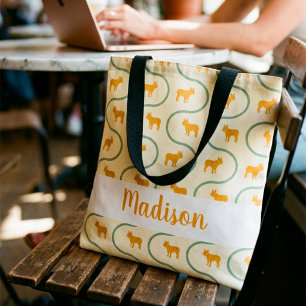 Bolsa Tote Padrão Bulldog Francês Nome Personalizado Amarelo 