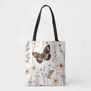 Bolsa Tote Padrão Caprichoso de Borboleta e Flor