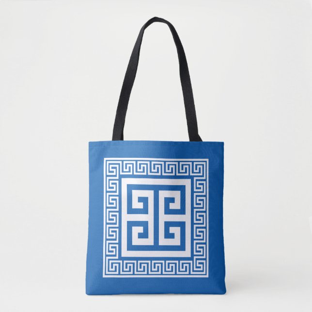 Bolsa Tote Padrão-Chave Grego Branco E Design Azul (Frente)