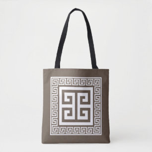 Bolsa Tote Padrão-Chave Grego Branco E Design Castanho